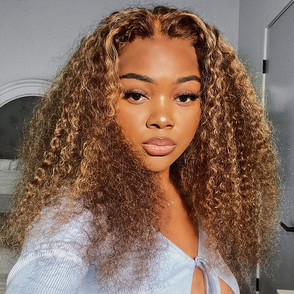 AMBIBI Highlight Kinky Curly Lace Front Wig TL412 Piano Color Ombre Honey Blonde Human Hair Wigs