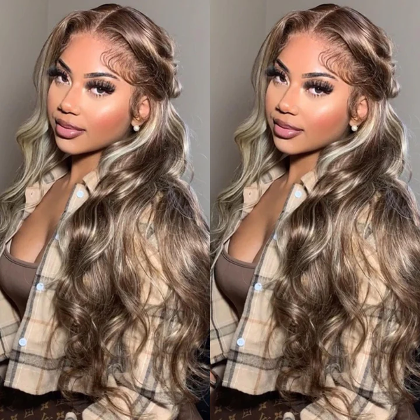 AMBIBI Ash Blonde Balayage Highlight Brazilian Straight Lace Front Wigs Human Hair Wigs