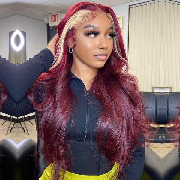 AMBIBI Red Wine & Blonde Skunk Stripe Color Wig 13*4 Lace Front Wig