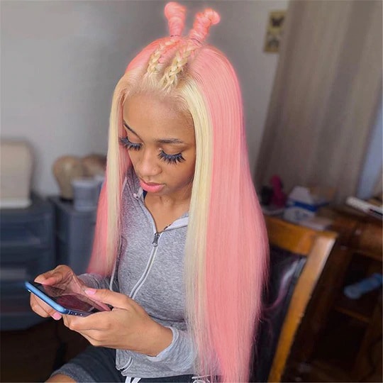 AMBIBI Pink & Blonde Skunk Stripe Color Wig 13*4 Lace Front Wig