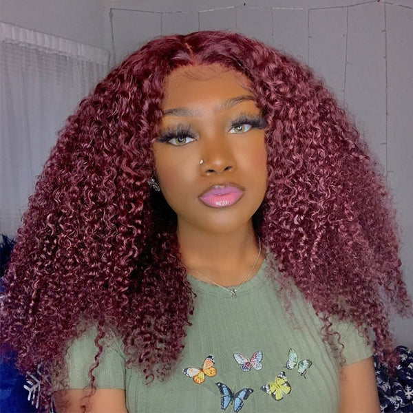 AMBIBI Burgundy 99J Kinky Curly 13*4 Lace Front Wig, Red Color Human Hair Curly Wig With Natural Hairline