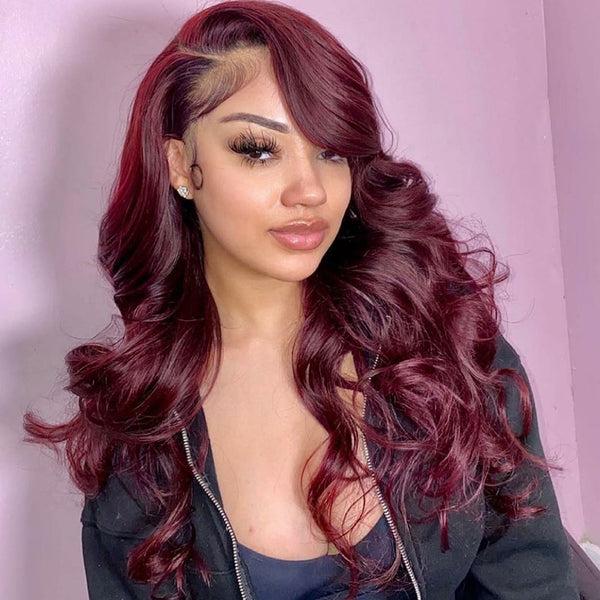 AMBIBI Burgundy 99J Body Wave Lace Front Wig, Red Human Hair Wig With Natural Hairline