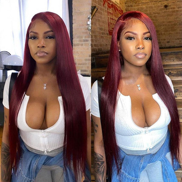 AMBIBI Burgundy Human Hair Wig 99J Straight 13*4 Lace Front Wig