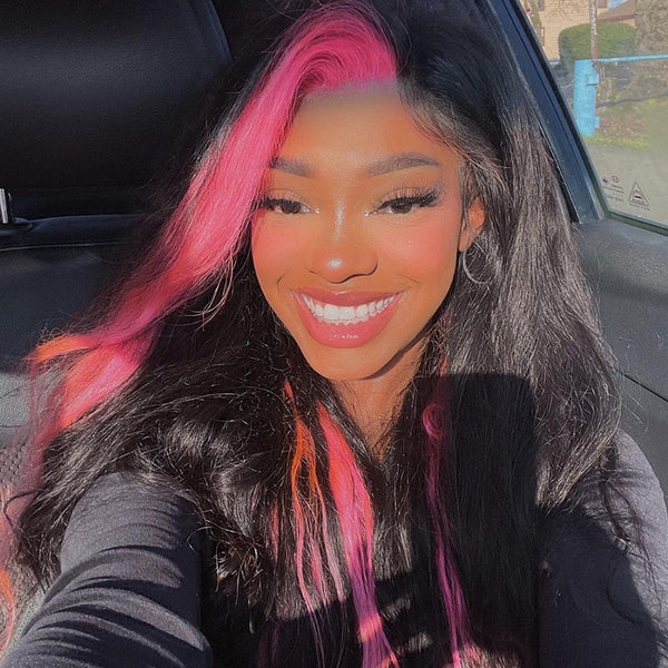 AMBIBI Pink Skunk Stripe Color Straight Wig 13*4 Lace Front Wig