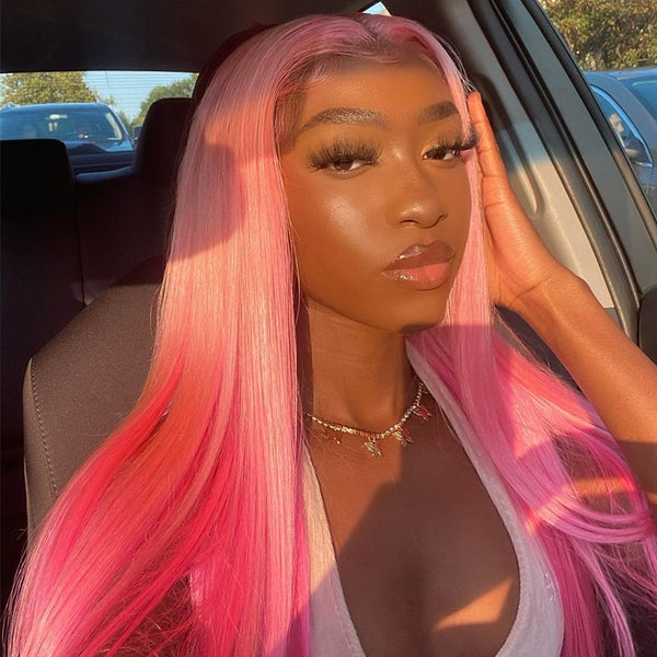 AMBIBI Ombre Pink Brazilian Straight Lace Front Wigs 100% Human Virgin Hair Wigs