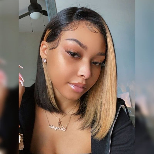 AMBIBI Ombre Honey Brown & Black Bob Highlight Straight Lace Human Hair Wig
