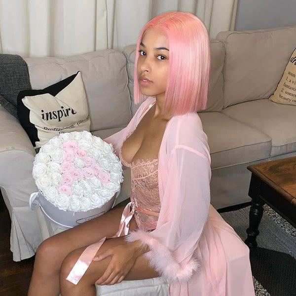 AMBIBI Salmon Pink Color Bob Straight Hair Lace Wigs