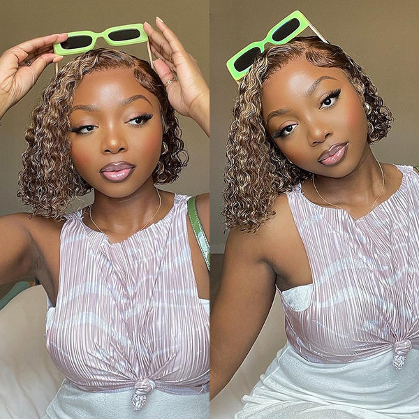 AMBIBI Bob Highlight Brown Kinky Curly Lace Wig